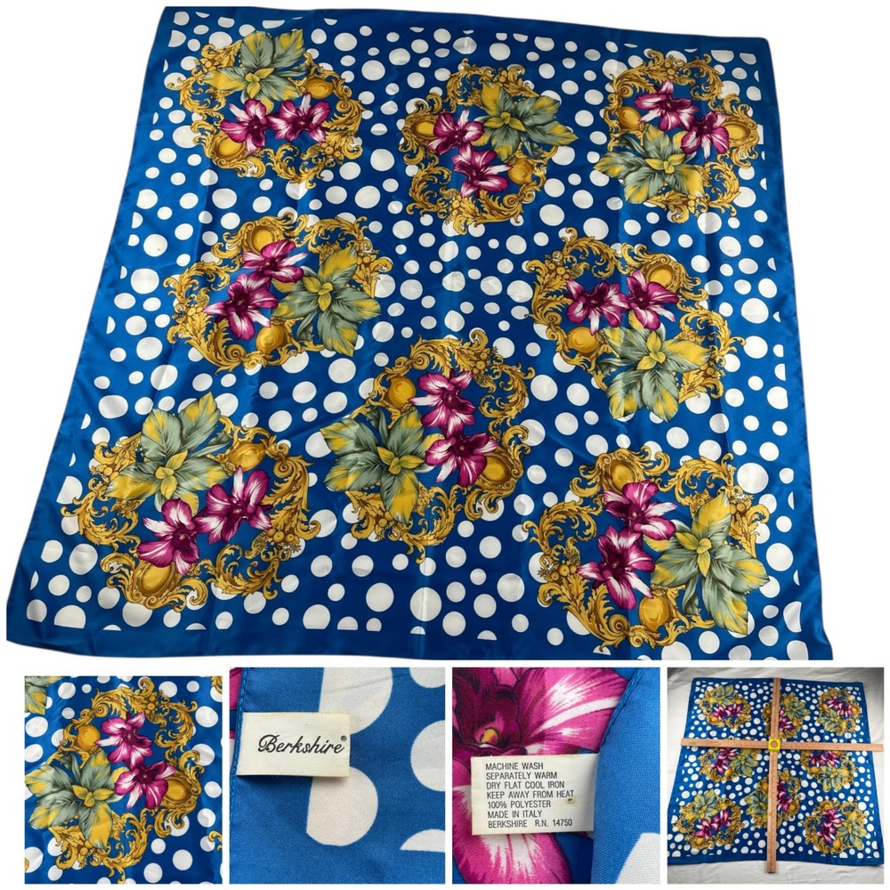 Berkshire Blue Floral Polka‎ Dot Scarf Wrap Made in Italy 33x33
